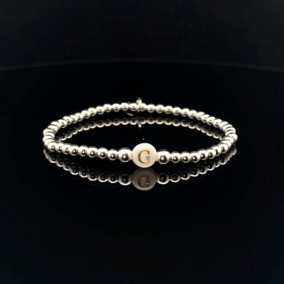 925 Sterling Silver Beaded Stretch Stacking Bracelet MOP Letter Initial G - Picture 1 of 6